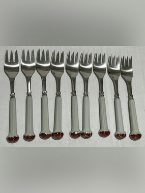 White-Handled Dessert Forks with Red Heart Accents - Set of 8